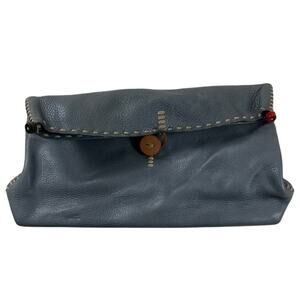 Fredd + Basha Blue Leather Large Clutch Fold Over Top with Button Closure